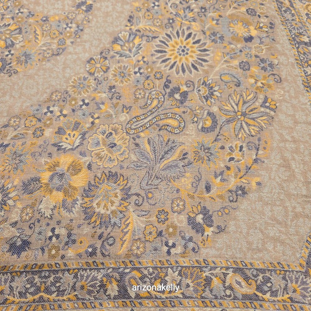 NWOT Cashmere Jacquard Lightweight Jamawar Shawl Scarf Yellow Blue - Picture 13 of 16